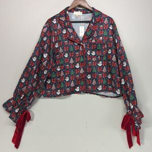 Simply Southern Pajama Top Holiday Collection Santa Cocoa Bows XXL NWT Satin